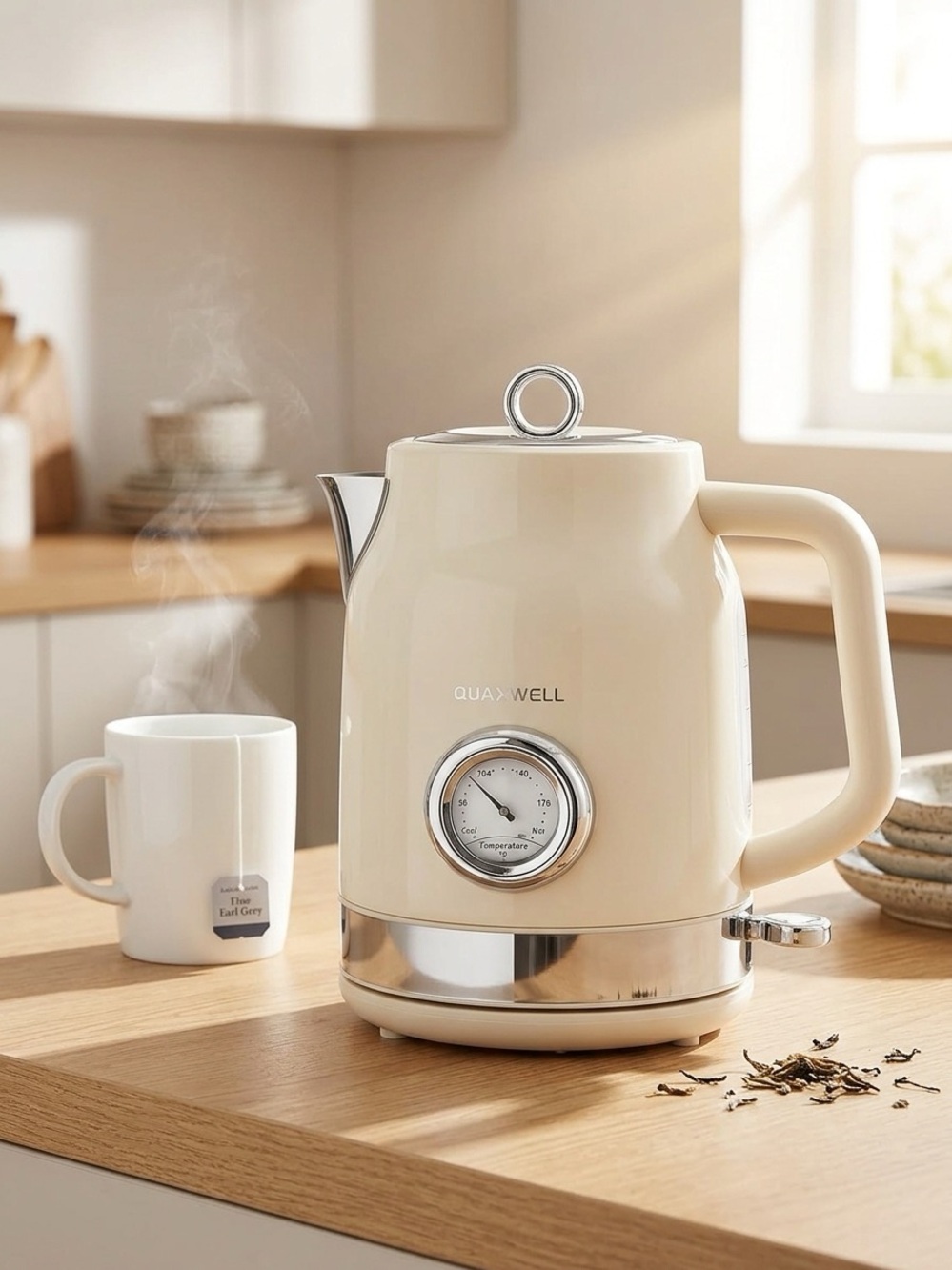 dwell Cream Retro Electric Kettle with Analog Thermometer